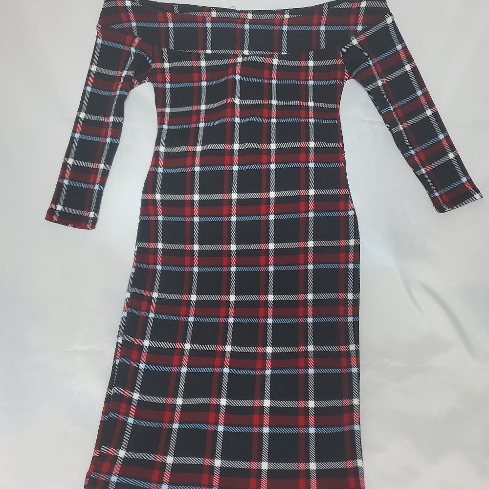 Red & Black Plaid Off Shoulder fitted Mini Dress